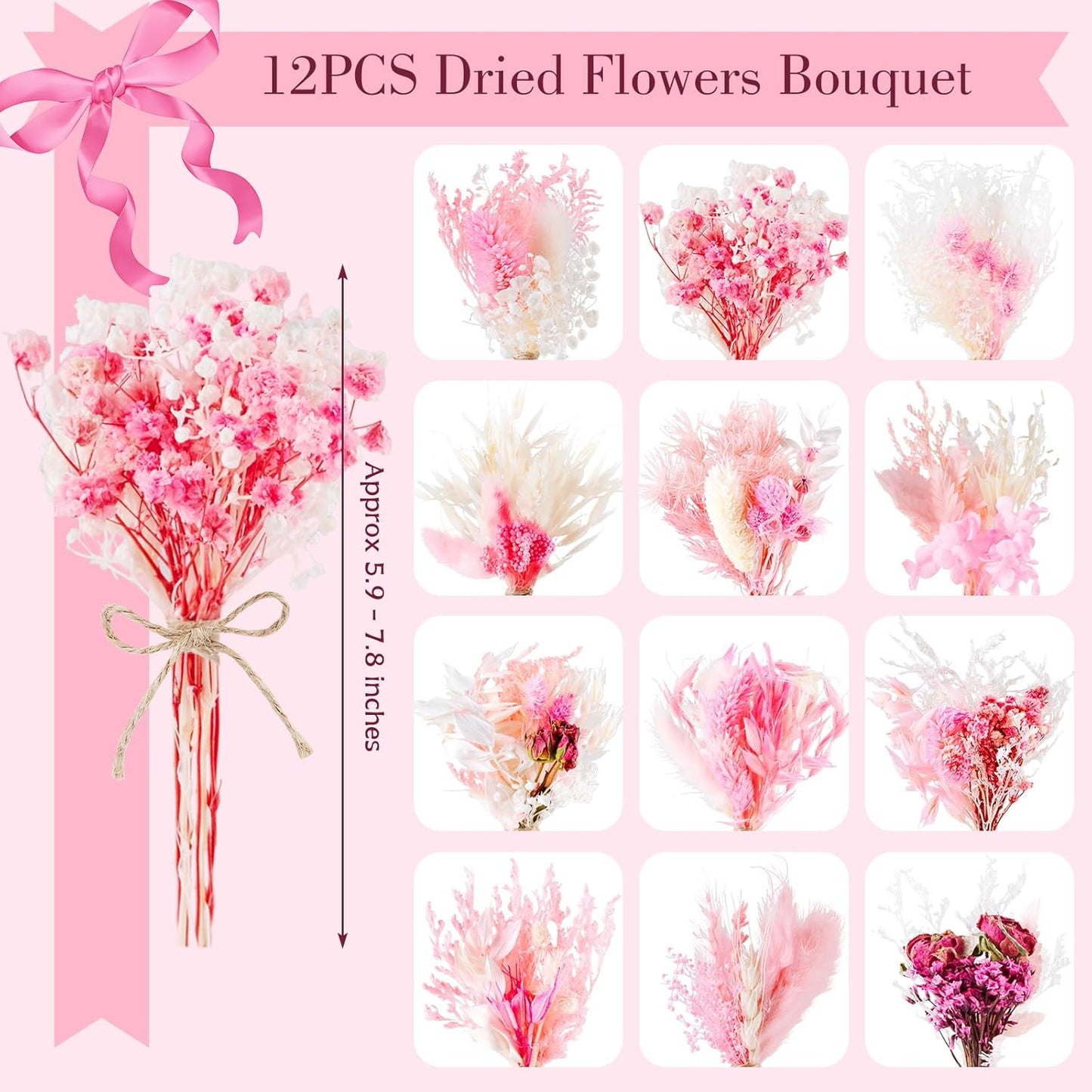 12/24 PCS Charming Dried Flowers Bouquet for Vase Various Dried Wildflowers with Stems Mini Handmade Wildflowers Natural Real Flowers Bulk Flowers Craft (Pink, 12 PCS)