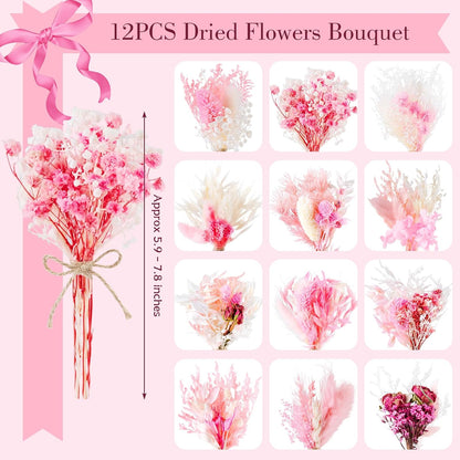 12/24 PCS Charming Dried Flowers Bouquet for Vase Various Dried Wildflowers with Stems Mini Handmade Wildflowers Natural Real Flowers Bulk Flowers Craft (Pink, 12 PCS)