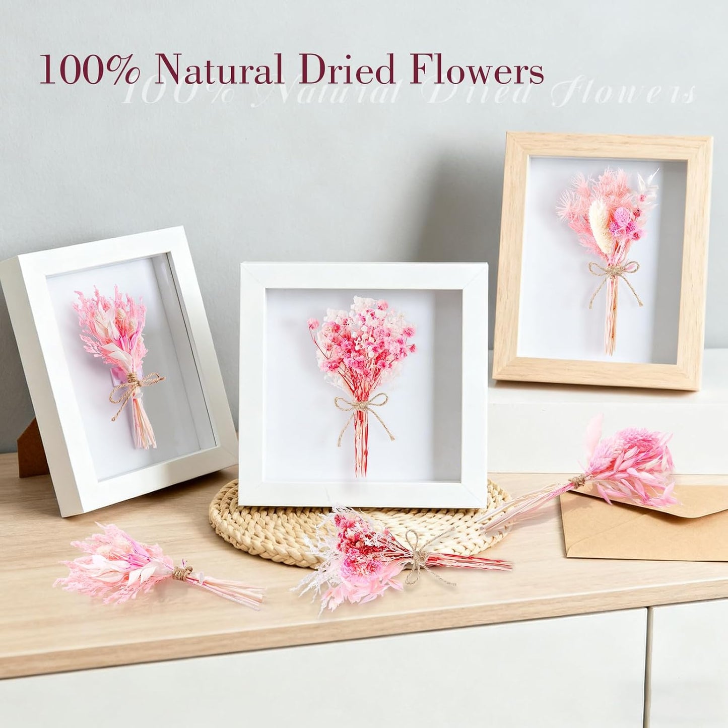 12/24 PCS Charming Dried Flowers Bouquet for Vase Various Dried Wildflowers with Stems Mini Handmade Wildflowers Natural Real Flowers Bulk Flowers Craft (Pink, 12 PCS)