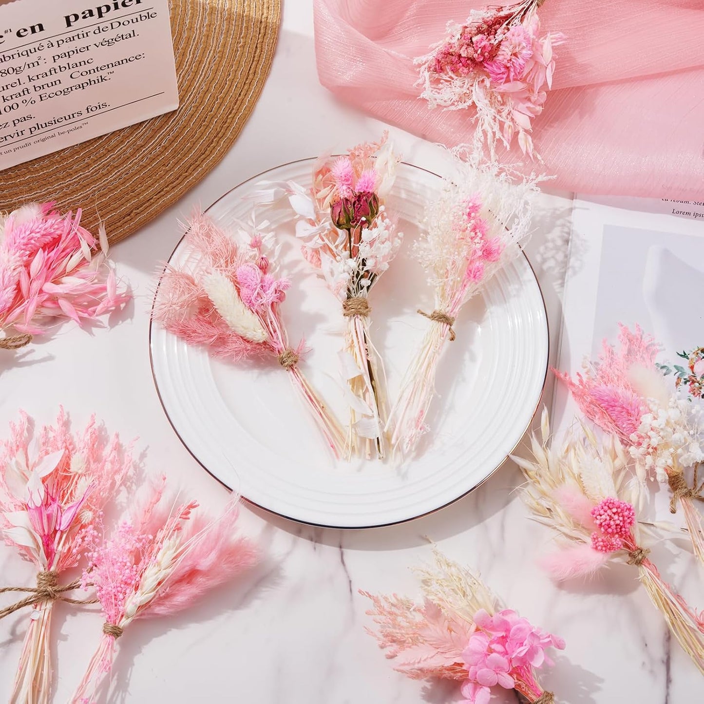 12/24 PCS Charming Dried Flowers Bouquet for Vase Various Dried Wildflowers with Stems Mini Handmade Wildflowers Natural Real Flowers Bulk Flowers Craft (Pink, 12 PCS)