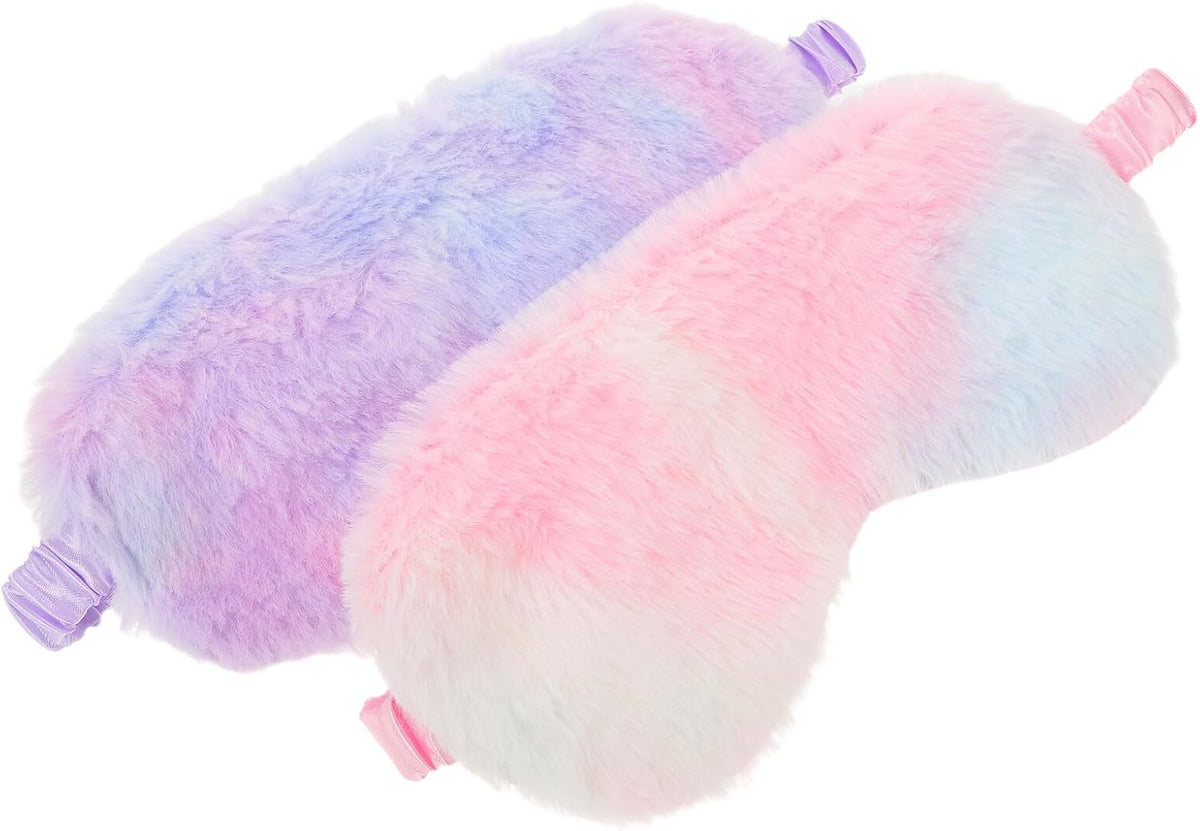 Plush Rabbit Fur Sleep Mask 2pcs with Soft Faux Silk Lining, Light-Blocking Eye Cover for Women Men, Comfortable Travel and Nap Eyemask in Blue and Pink