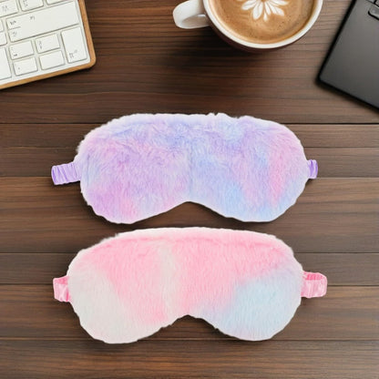 Plush Rabbit Fur Sleep Mask 2pcs with Soft Faux Silk Lining, Light-Blocking Eye Cover for Women Men, Comfortable Travel and Nap Eyemask in Blue and Pink