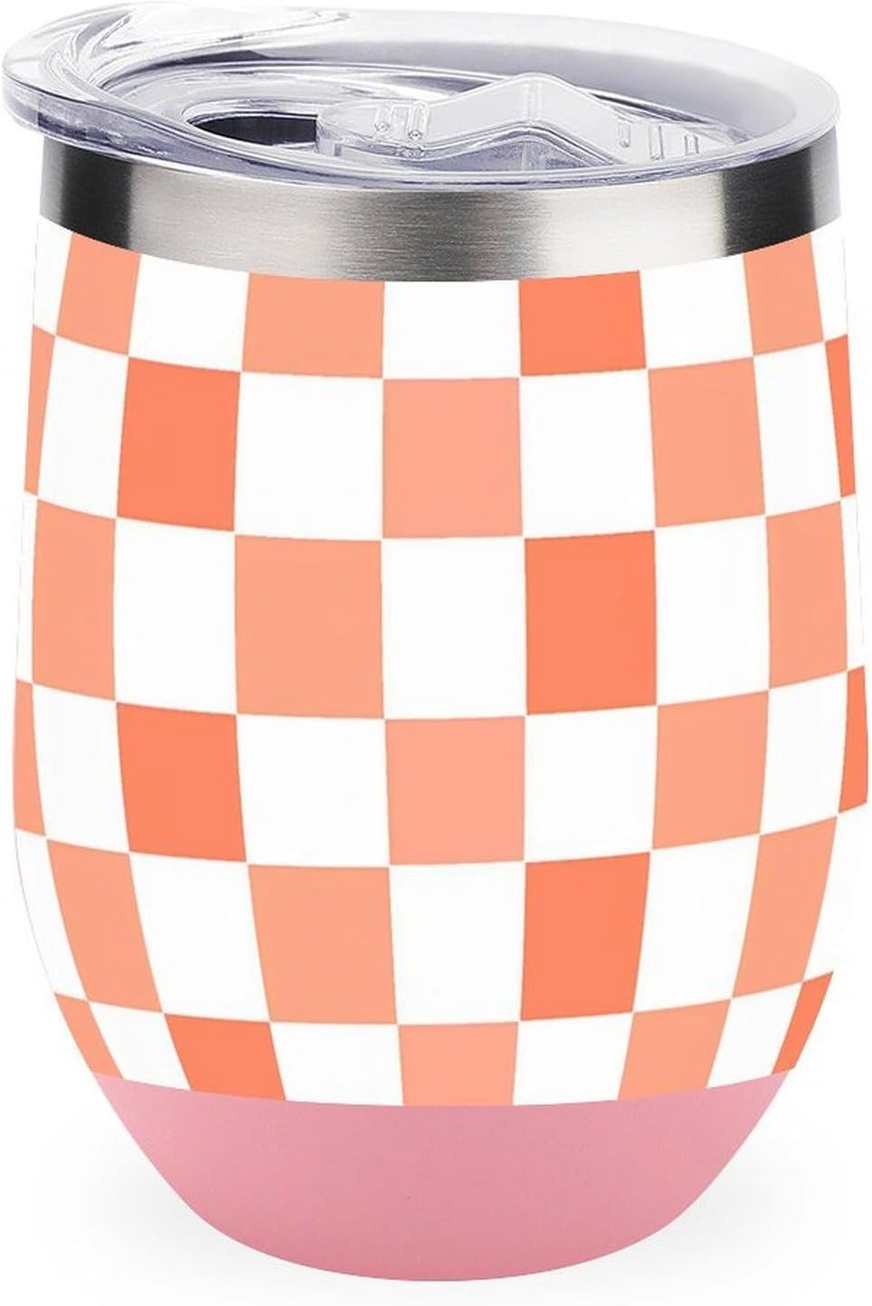 Peach White Checkered Plaid Pattern Insulated Wine Tumbler Glass with Lid Stainless Steel Coffee Beer Mug 12OZ