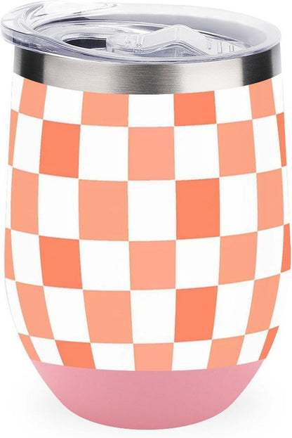 Peach White Checkered Plaid Pattern Insulated Wine Tumbler Glass with Lid Stainless Steel Coffee Beer Mug 12OZ