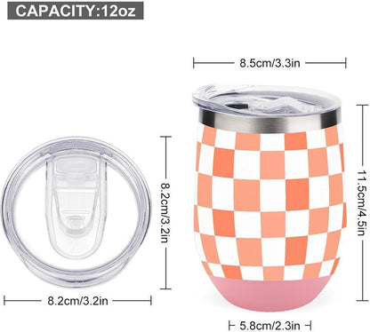 Peach White Checkered Plaid Pattern Insulated Wine Tumbler Glass with Lid Stainless Steel Coffee Beer Mug 12OZ
