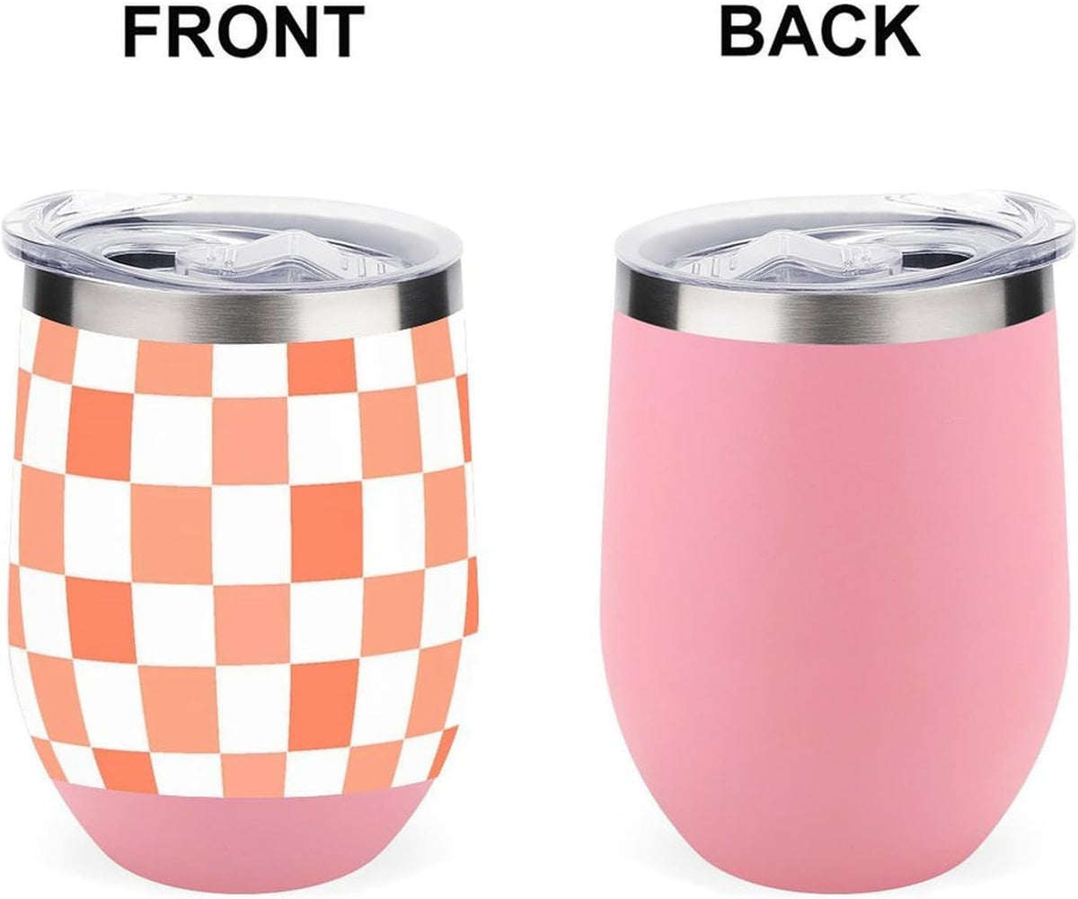 Peach White Checkered Plaid Pattern Insulated Wine Tumbler Glass with Lid Stainless Steel Coffee Beer Mug 12OZ