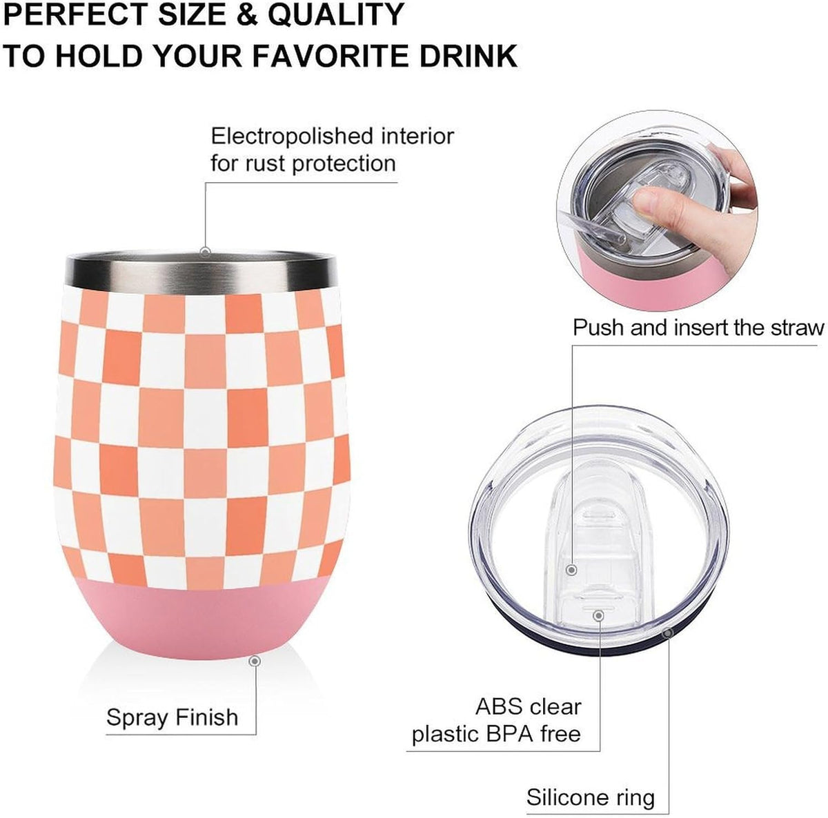 Peach White Checkered Plaid Pattern Insulated Wine Tumbler Glass with Lid Stainless Steel Coffee Beer Mug 12OZ