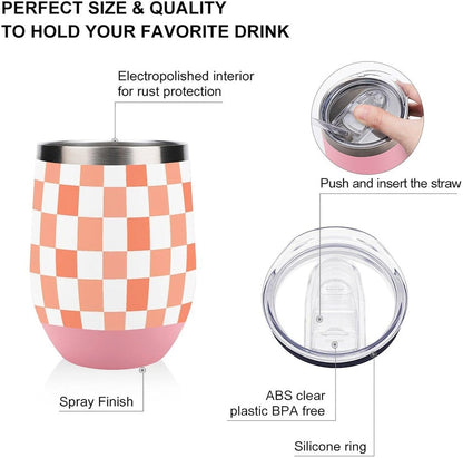 Peach White Checkered Plaid Pattern Insulated Wine Tumbler Glass with Lid Stainless Steel Coffee Beer Mug 12OZ