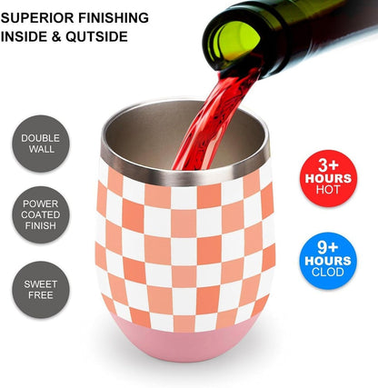 Peach White Checkered Plaid Pattern Insulated Wine Tumbler Glass with Lid Stainless Steel Coffee Beer Mug 12OZ