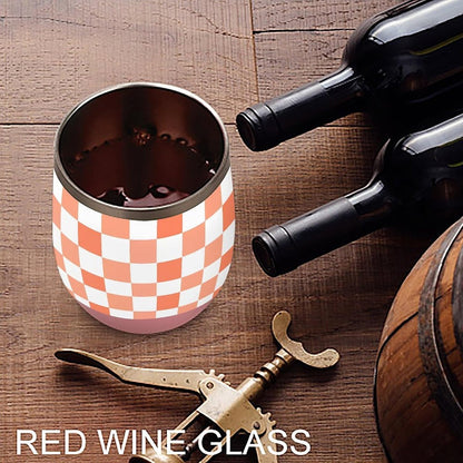 Peach White Checkered Plaid Pattern Insulated Wine Tumbler Glass with Lid Stainless Steel Coffee Beer Mug 12OZ