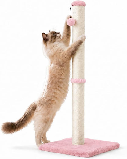 Tall Cat Scratching Post, Claw Scratcher with Sisal Rope and Covered with Soft Smooth Plush, Vertical Scratch [Full Strectch] for Standard Size Cats (Pink, 34 inches for Large Cats)