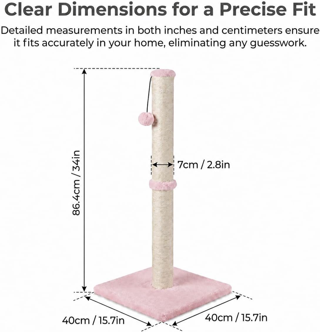 Tall Cat Scratching Post, Claw Scratcher with Sisal Rope and Covered with Soft Smooth Plush, Vertical Scratch [Full Strectch] for Standard Size Cats (Pink, 34 inches for Large Cats)