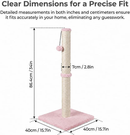 Tall Cat Scratching Post, Claw Scratcher with Sisal Rope and Covered with Soft Smooth Plush, Vertical Scratch [Full Strectch] for Standard Size Cats (Pink, 34 inches for Large Cats)