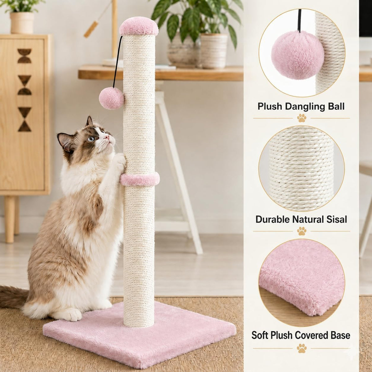 Tall Cat Scratching Post, Claw Scratcher with Sisal Rope and Covered with Soft Smooth Plush, Vertical Scratch [Full Strectch] for Standard Size Cats (Pink, 34 inches for Large Cats)