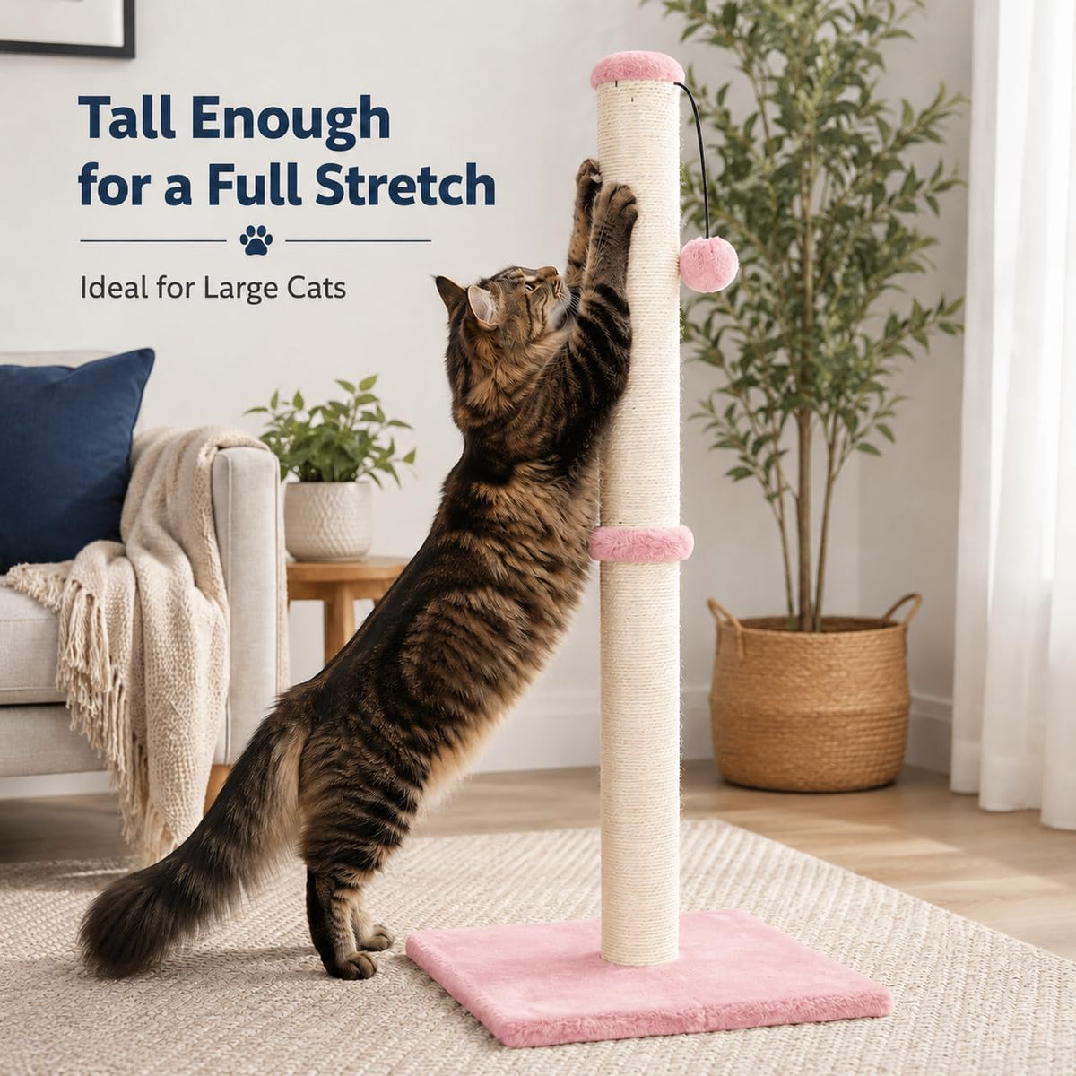 Tall Cat Scratching Post, Claw Scratcher with Sisal Rope and Covered with Soft Smooth Plush, Vertical Scratch [Full Strectch] for Standard Size Cats (Pink, 34 inches for Large Cats)