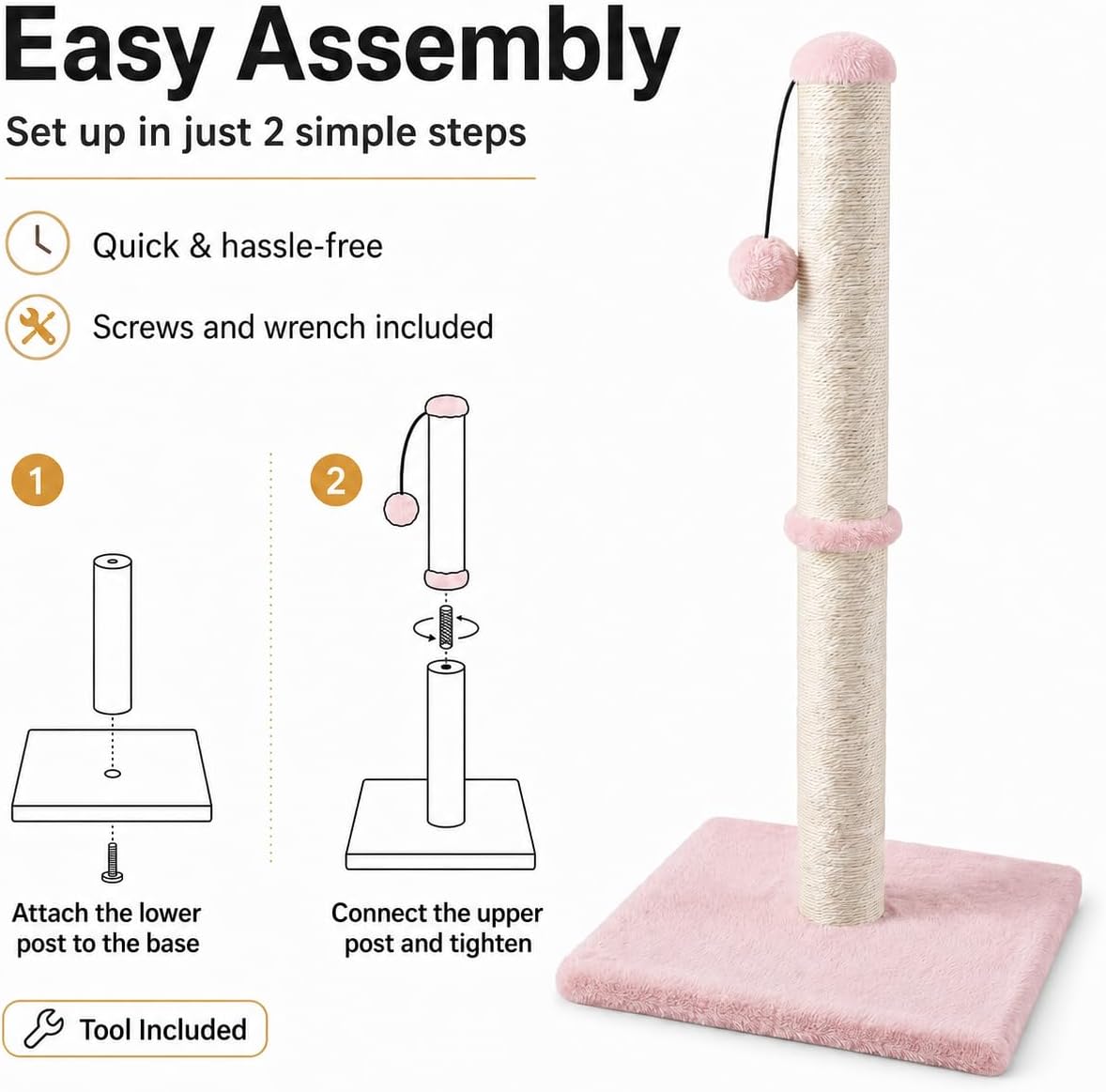 Tall Cat Scratching Post, Claw Scratcher with Sisal Rope and Covered with Soft Smooth Plush, Vertical Scratch [Full Strectch] for Standard Size Cats (Pink, 34 inches for Large Cats)