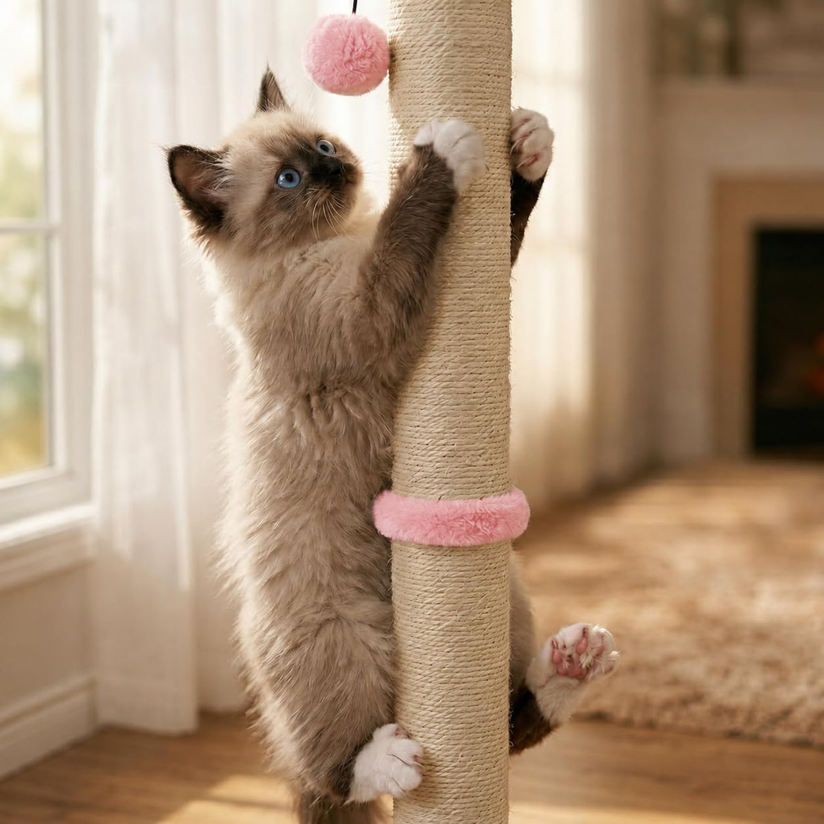 Tall Cat Scratching Post, Claw Scratcher with Sisal Rope and Covered with Soft Smooth Plush, Vertical Scratch [Full Strectch] for Standard Size Cats (Pink, 34 inches for Large Cats)