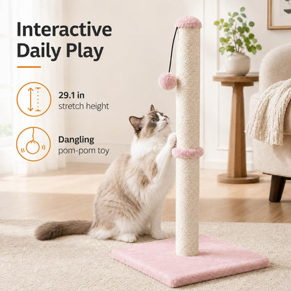 Tall Cat Scratching Post, Claw Scratcher with Sisal Rope and Covered with Soft Smooth Plush, Vertical Scratch [Full Strectch] for Standard Size Cats (Pink, 34 inches for Large Cats)