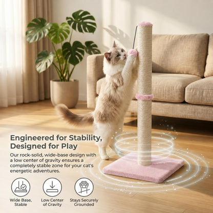 Tall Cat Scratching Post, Claw Scratcher with Sisal Rope and Covered with Soft Smooth Plush, Vertical Scratch [Full Strectch] for Standard Size Cats (Pink, 34 inches for Large Cats)