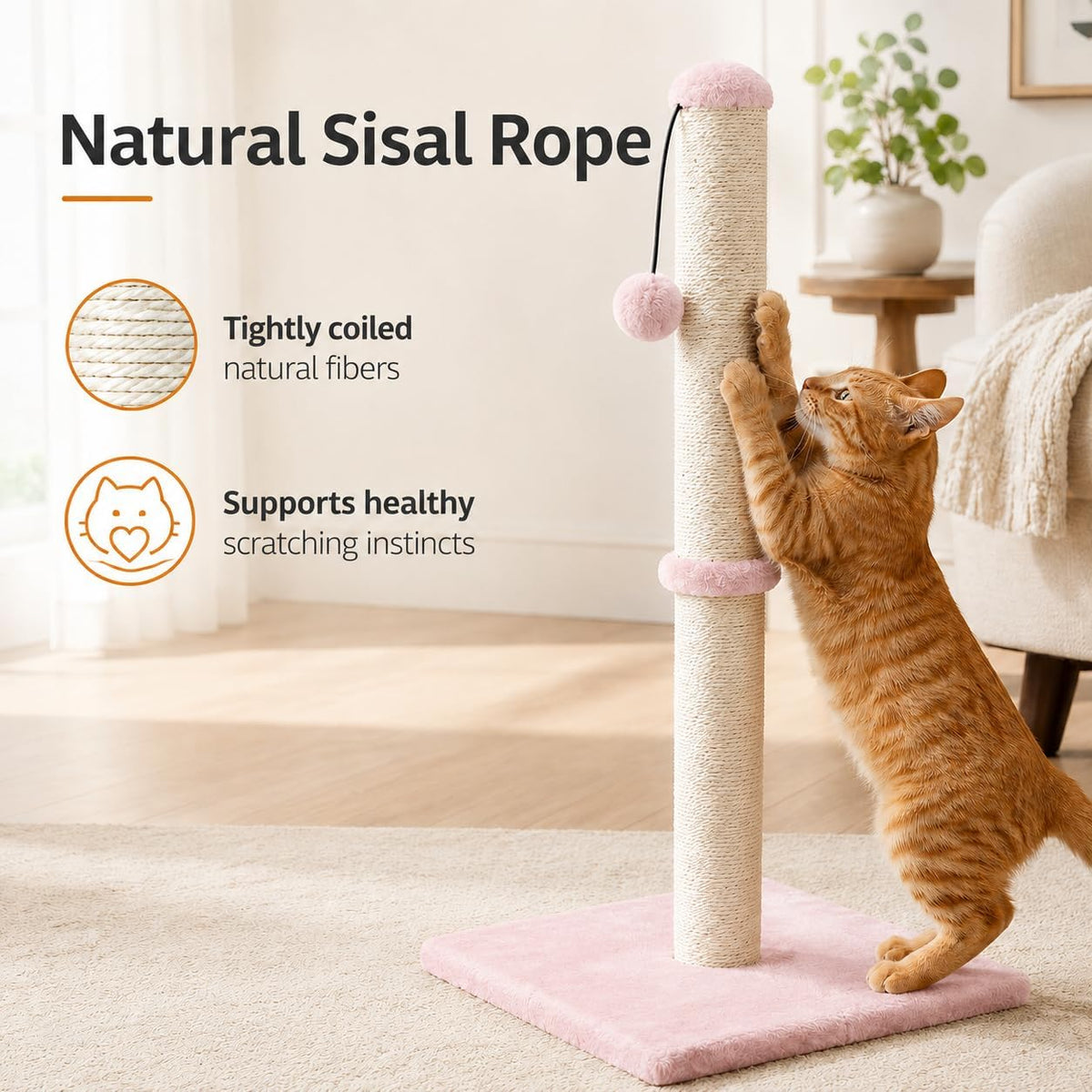 Tall Cat Scratching Post, Claw Scratcher with Sisal Rope and Covered with Soft Smooth Plush, Vertical Scratch [Full Strectch] for Standard Size Cats (Pink, 34 inches for Large Cats)
