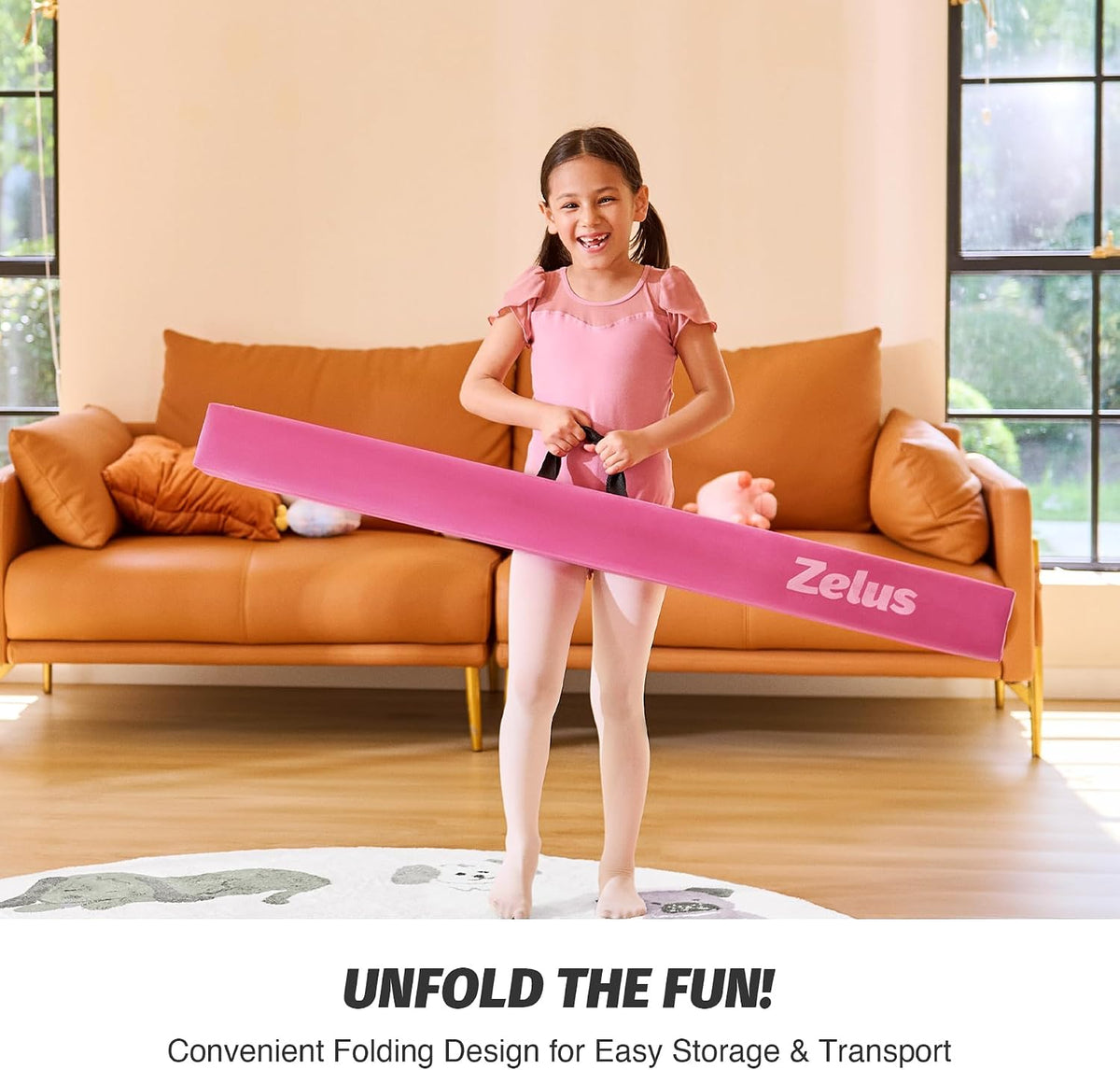 8' Folding Gymnastics Balance Beam, Floor Balance Beam w/Carry Handles Anti-Slip Base for Kids, Beginners & Professional Gymnasts