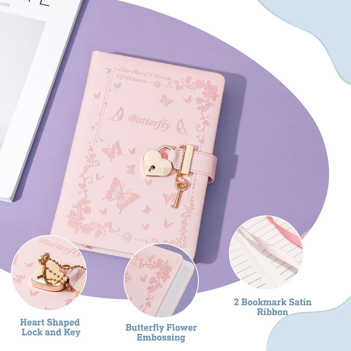 Diary with Lock and Key for Girls Ages 8-12 Journal with Lock for Teen Girls 288 Pages Heart-Shaped Locked Journal for Women, Pink