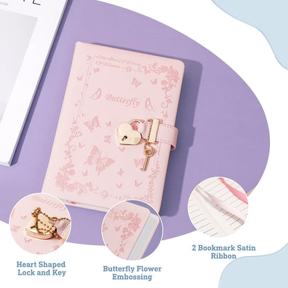 Diary with Lock and Key for Girls Ages 8-12 Journal with Lock for Teen Girls 288 Pages Heart-Shaped Locked Journal for Women, Pink