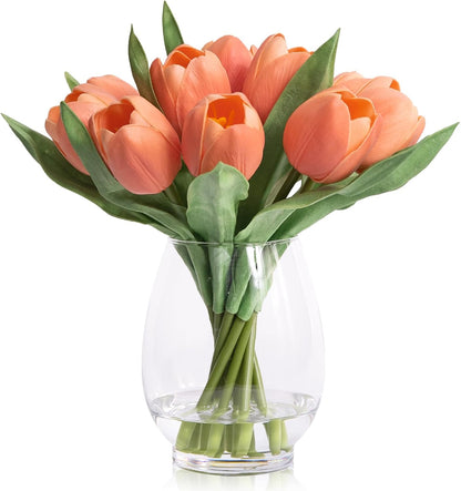 12 Pcs Fake Tulips Artificial Flowers in Vase with Faux Water, Peach Pink Foam Tulips Arrangements with Vase for Home Office Wedding Dining Table Centerpiece Party Decor & Birthday Gift