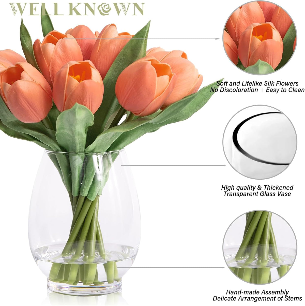 12 Pcs Fake Tulips Artificial Flowers in Vase with Faux Water, Peach Pink Foam Tulips Arrangements with Vase for Home Office Wedding Dining Table Centerpiece Party Decor & Birthday Gift