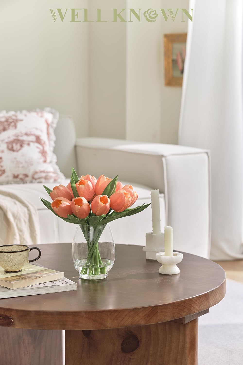 12 Pcs Fake Tulips Artificial Flowers in Vase with Faux Water, Peach Pink Foam Tulips Arrangements with Vase for Home Office Wedding Dining Table Centerpiece Party Decor & Birthday Gift