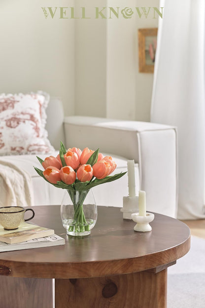 12 Pcs Fake Tulips Artificial Flowers in Vase with Faux Water, Peach Pink Foam Tulips Arrangements with Vase for Home Office Wedding Dining Table Centerpiece Party Decor & Birthday Gift