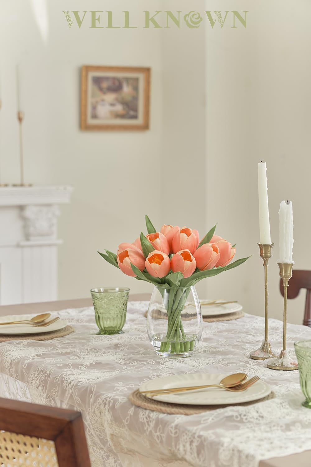 12 Pcs Fake Tulips Artificial Flowers in Vase with Faux Water, Peach Pink Foam Tulips Arrangements with Vase for Home Office Wedding Dining Table Centerpiece Party Decor & Birthday Gift