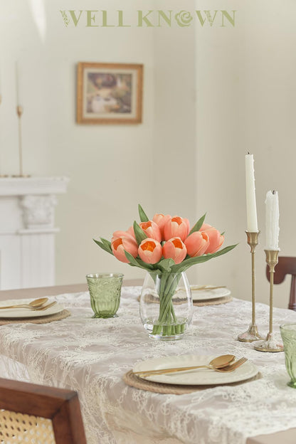12 Pcs Fake Tulips Artificial Flowers in Vase with Faux Water, Peach Pink Foam Tulips Arrangements with Vase for Home Office Wedding Dining Table Centerpiece Party Decor & Birthday Gift