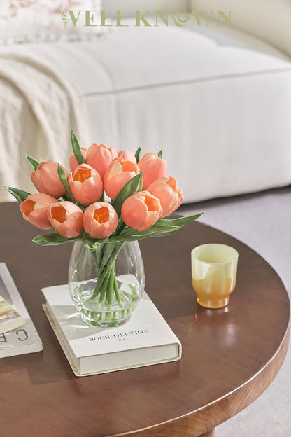 12 Pcs Fake Tulips Artificial Flowers in Vase with Faux Water, Peach Pink Foam Tulips Arrangements with Vase for Home Office Wedding Dining Table Centerpiece Party Decor & Birthday Gift