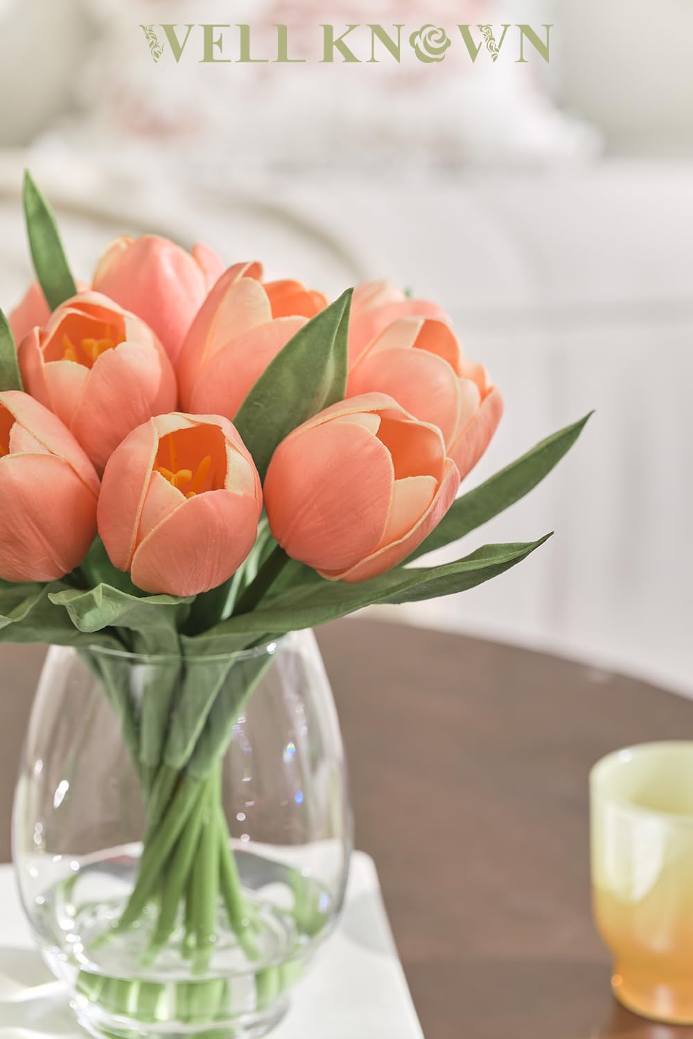 12 Pcs Fake Tulips Artificial Flowers in Vase with Faux Water, Peach Pink Foam Tulips Arrangements with Vase for Home Office Wedding Dining Table Centerpiece Party Decor & Birthday Gift