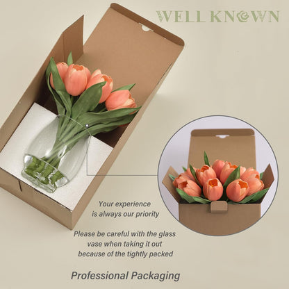 12 Pcs Fake Tulips Artificial Flowers in Vase with Faux Water, Peach Pink Foam Tulips Arrangements with Vase for Home Office Wedding Dining Table Centerpiece Party Decor & Birthday Gift