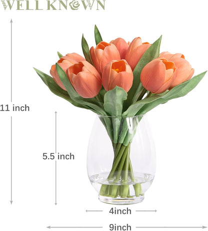 12 Pcs Fake Tulips Artificial Flowers in Vase with Faux Water, Peach Pink Foam Tulips Arrangements with Vase for Home Office Wedding Dining Table Centerpiece Party Decor & Birthday Gift