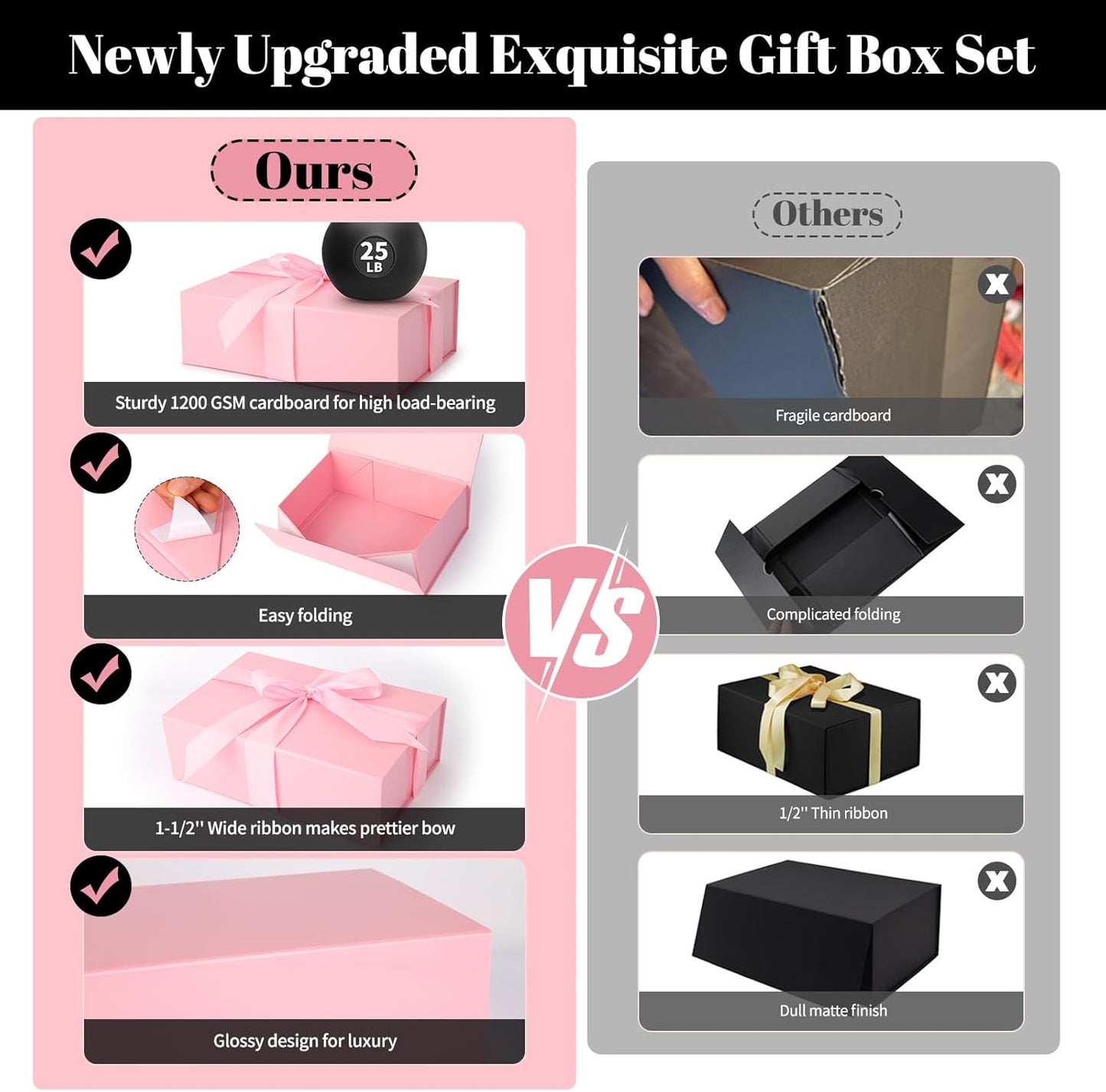 Pink Gift Box 11’’x7.2”x3.5”, Glossy Magnetic Gift Box with Lid for Present Contains 1-1/2’’ Widened Ribbon, Liner Paper, Card for Christmas, Valentine's Day, Wedding, Birthday