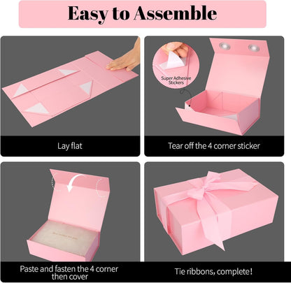 Pink Gift Box 11’’x7.2”x3.5”, Glossy Magnetic Gift Box with Lid for Present Contains 1-1/2’’ Widened Ribbon, Liner Paper, Card for Christmas, Valentine's Day, Wedding, Birthday