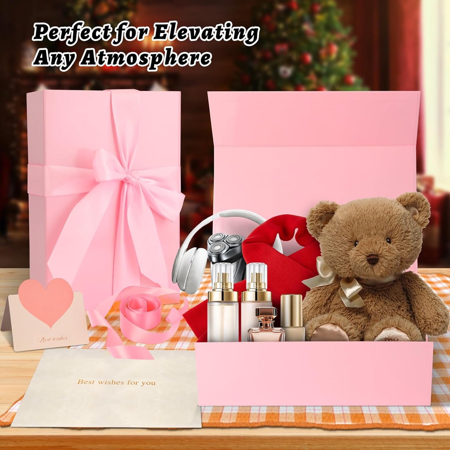 Pink Gift Box 11’’x7.2”x3.5”, Glossy Magnetic Gift Box with Lid for Present Contains 1-1/2’’ Widened Ribbon, Liner Paper, Card for Christmas, Valentine's Day, Wedding, Birthday