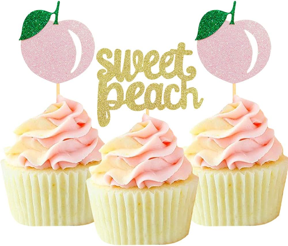24Pcs Glitter Sweet Peach Cupcake Toppers Fruits Theme Party Dessert Cupcake Picks for Summer Birthday Baby Shower and Tropical Party Decoration Supplies
