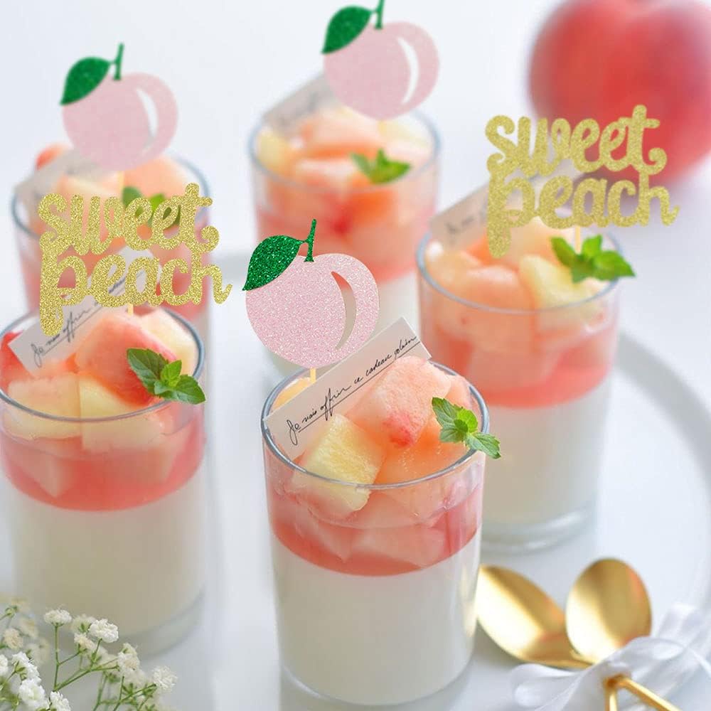 24Pcs Glitter Sweet Peach Cupcake Toppers Fruits Theme Party Dessert Cupcake Picks for Summer Birthday Baby Shower and Tropical Party Decoration Supplies