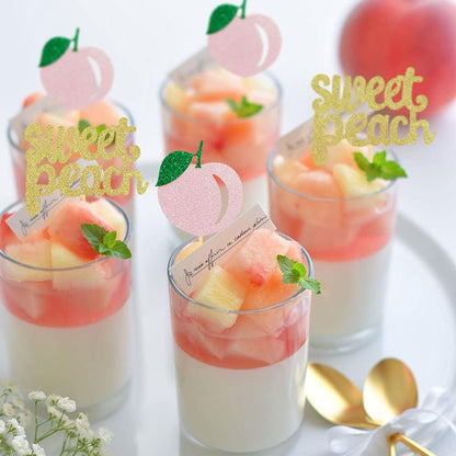 24Pcs Glitter Sweet Peach Cupcake Toppers Fruits Theme Party Dessert Cupcake Picks for Summer Birthday Baby Shower and Tropical Party Decoration Supplies