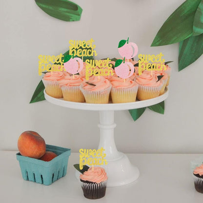 24Pcs Glitter Sweet Peach Cupcake Toppers Fruits Theme Party Dessert Cupcake Picks for Summer Birthday Baby Shower and Tropical Party Decoration Supplies