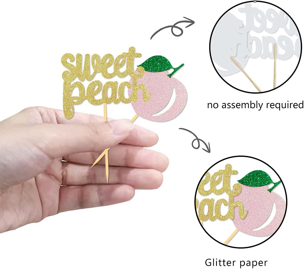 24Pcs Glitter Sweet Peach Cupcake Toppers Fruits Theme Party Dessert Cupcake Picks for Summer Birthday Baby Shower and Tropical Party Decoration Supplies