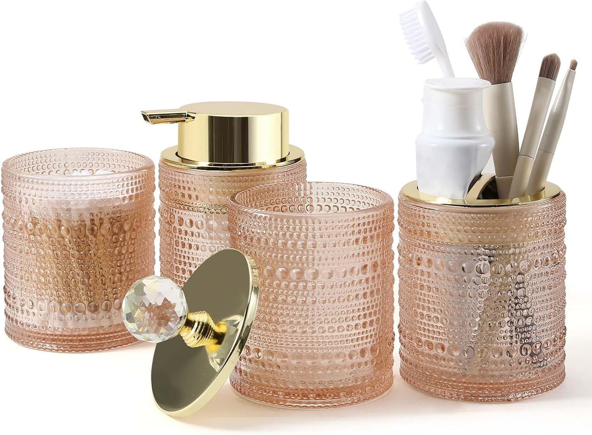 Bathroom Accessories Set,4Pcs Glass Bathroom Counter Set with Foaming Soap Dispenser,Toothbrush Holder,Bathroom Tumbler,Cotton Swab Jars, for Vanity Bathroom Decor(Pink A)