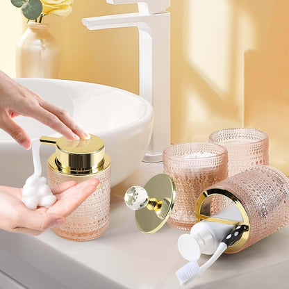Bathroom Accessories Set,4Pcs Glass Bathroom Counter Set with Foaming Soap Dispenser,Toothbrush Holder,Bathroom Tumbler,Cotton Swab Jars, for Vanity Bathroom Decor(Pink A)