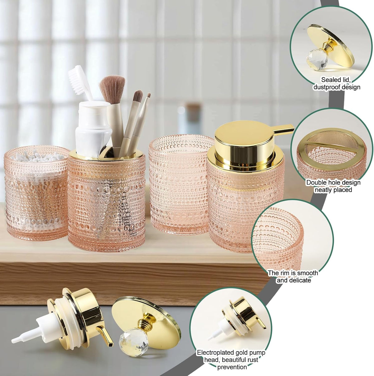 Bathroom Accessories Set,4Pcs Glass Bathroom Counter Set with Foaming Soap Dispenser,Toothbrush Holder,Bathroom Tumbler,Cotton Swab Jars, for Vanity Bathroom Decor(Pink A)