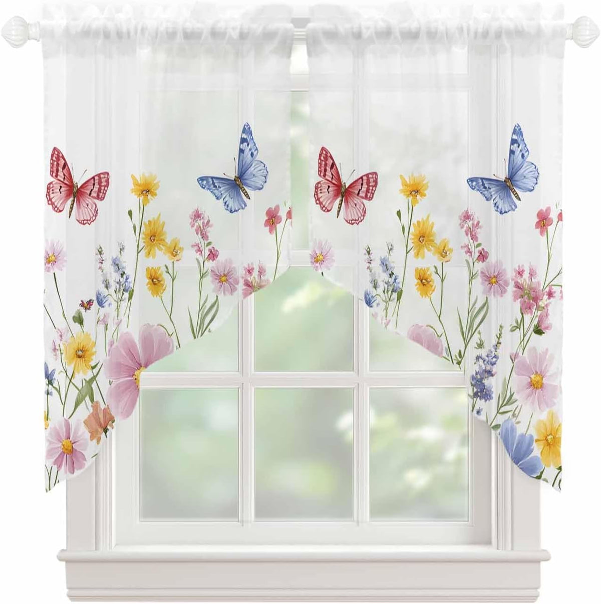 Pink Blue Yellow Floral Swag Valances for Windows Butterfly Wildflower Semi Sheer Valance Curtains Watercolor Plant Voile Swags Topper Curtain for Kitchen Living Room Bedroom, 2 Panels, 36x45 Inch
