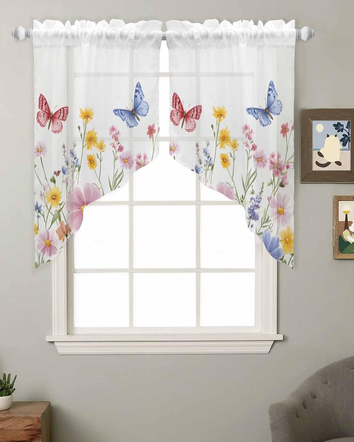 Pink Blue Yellow Floral Swag Valances for Windows Butterfly Wildflower Semi Sheer Valance Curtains Watercolor Plant Voile Swags Topper Curtain for Kitchen Living Room Bedroom, 2 Panels, 36x45 Inch
